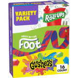 Fruit Roll-Ups, Fruit by the Foot & Gushers Variety Pack – Lunchbox Snack for School-Age Kids, 16 Individually Wrapped Pouches