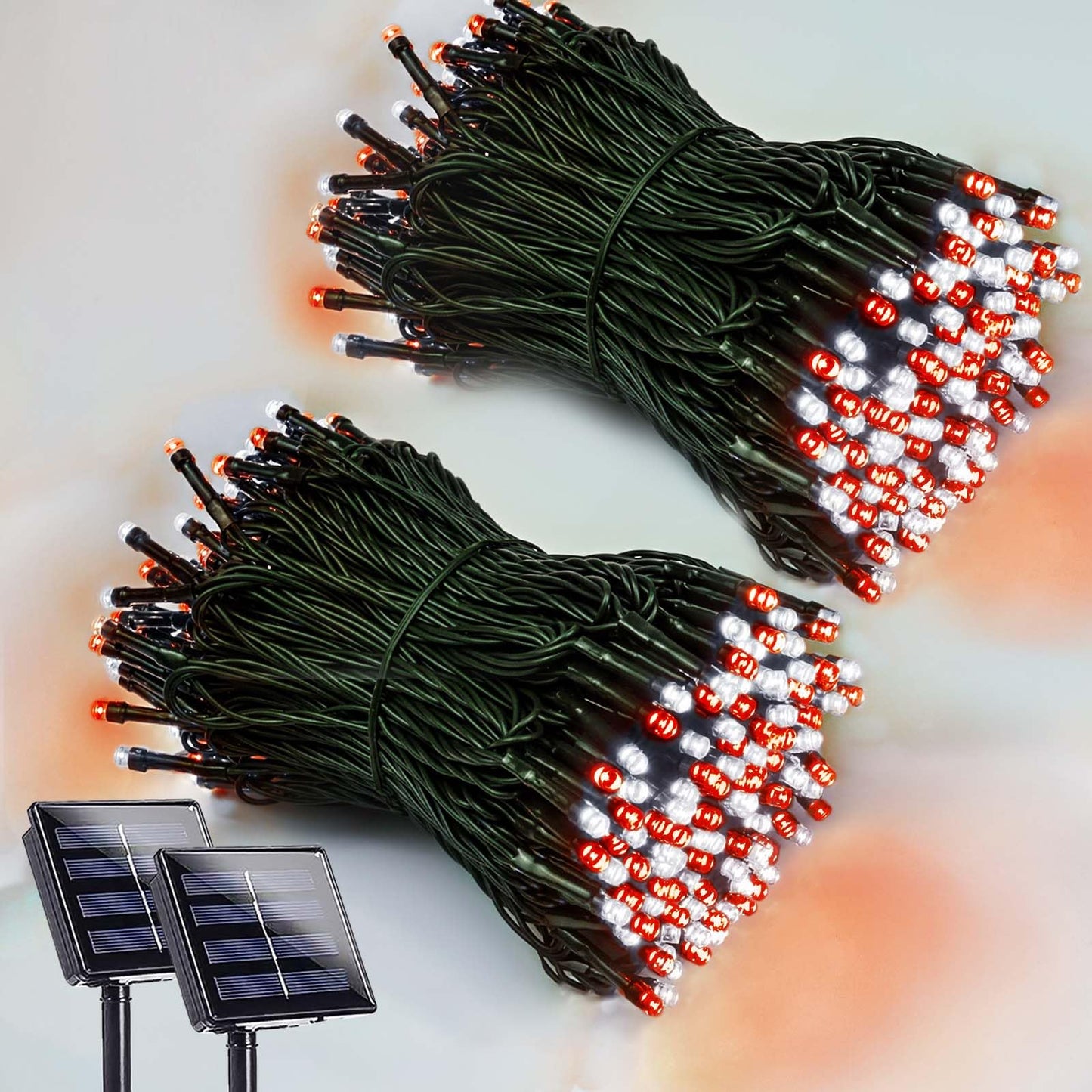 2-Pack 200 LED Solar String Lights for Outside, Solar Christmas Lights Outdoor Waterproof, Green Wire Solar Tree Lights with 8 Lighting Modes for Xmas Wedding Party Garden Decorations (Red and White)