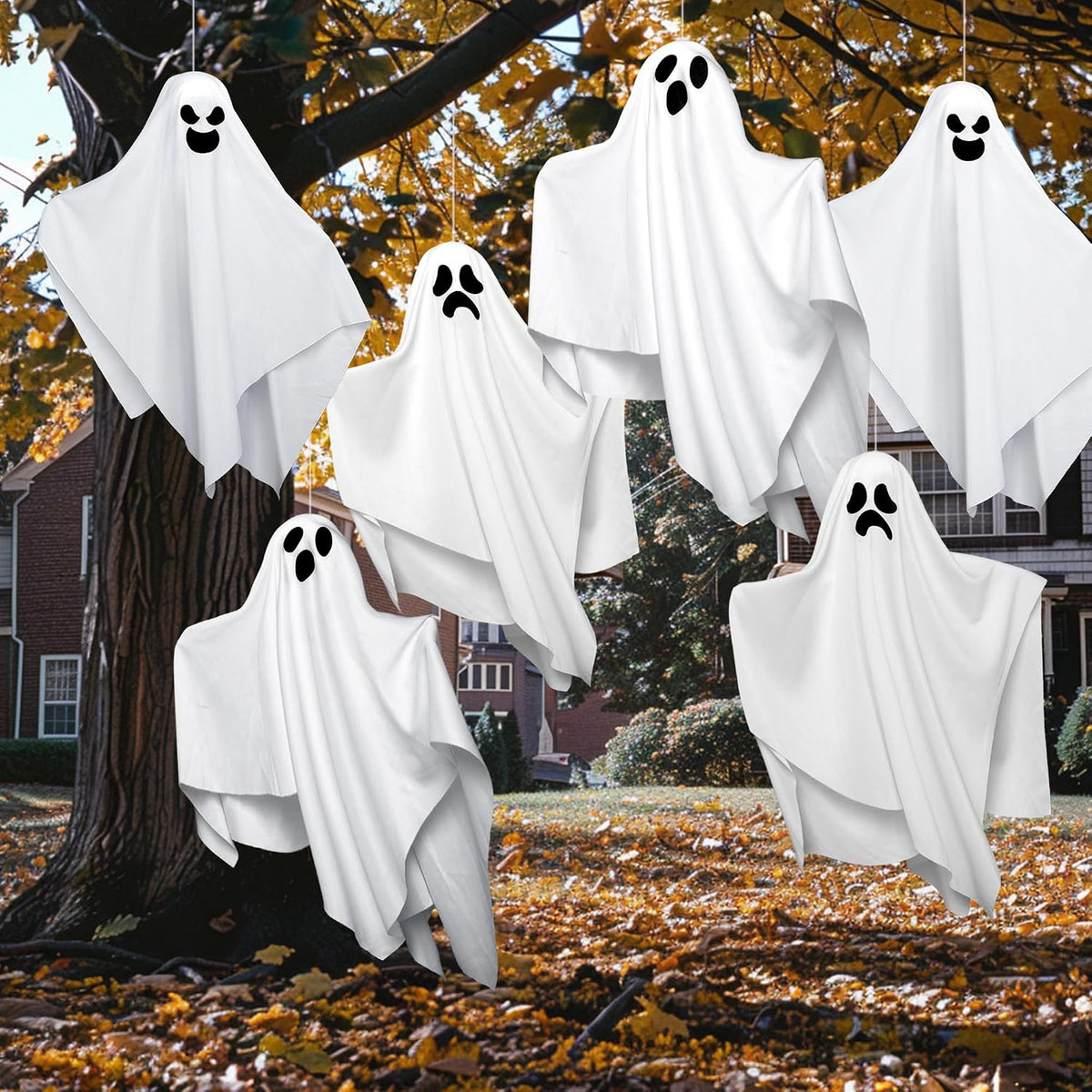 JOYIN 6 Pcs Halloween Hanging Ghosts – 19.6” Weatherproof Polyester Flying Ghosts for Patio, Porch, and Yard Tree Display