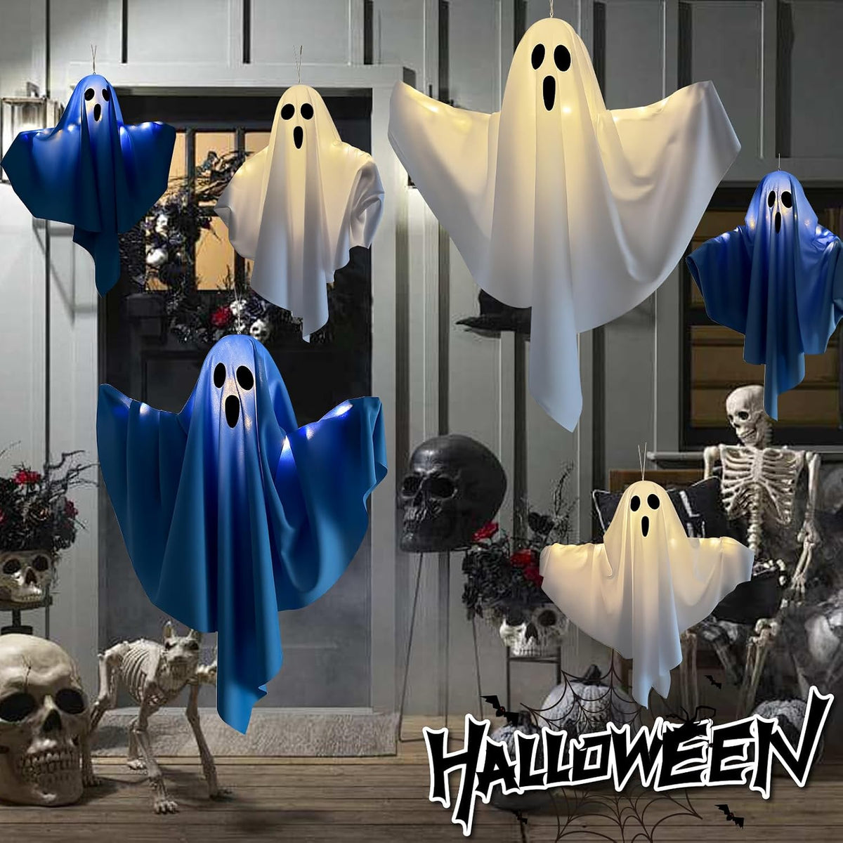 GoogoLuck Flame-Free Light Up Ghost Set for Worry-Free Halloween Nights, No Fire Risk LED Hanging Decor