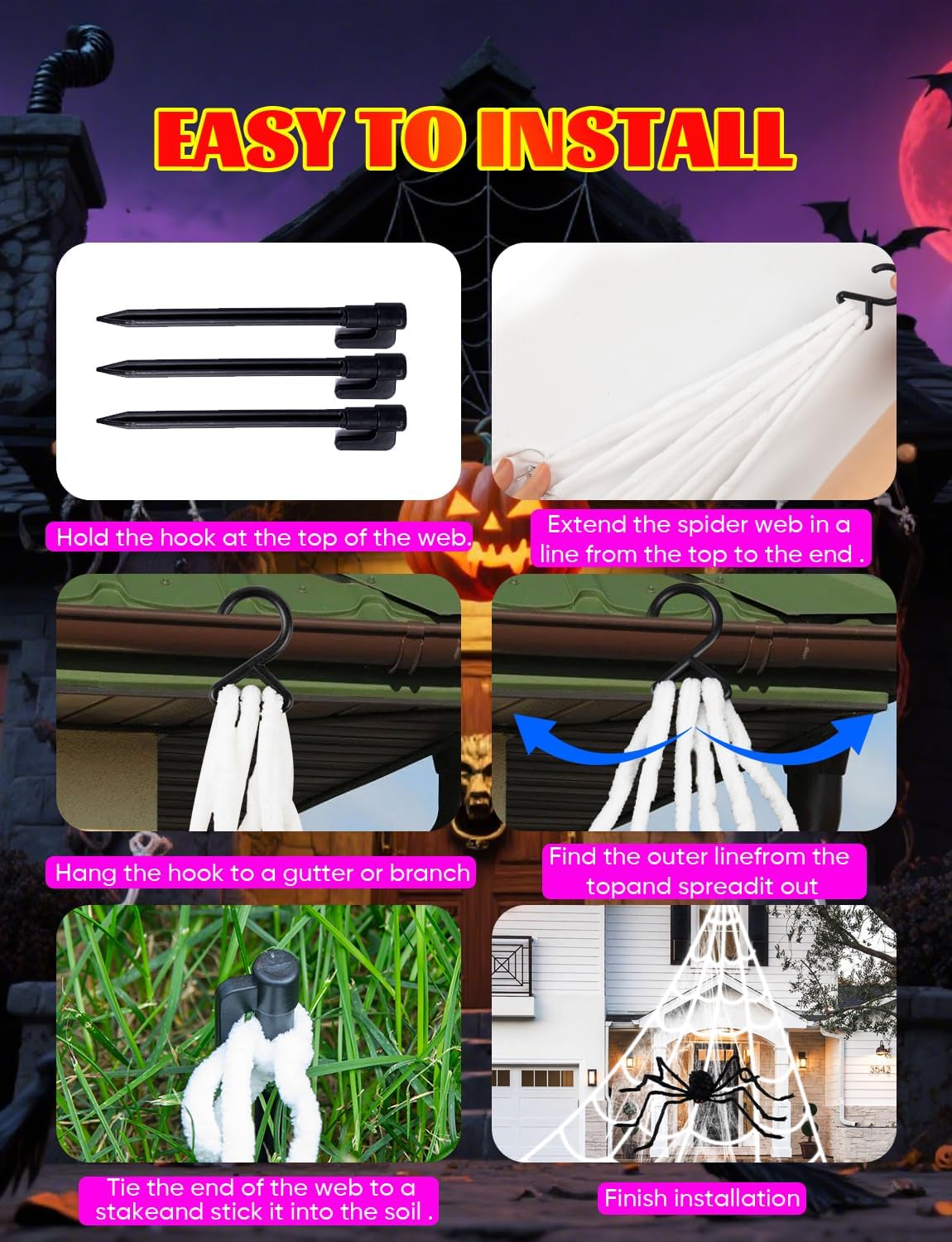 Child-Safe Halloween Lights – Spider Web LED Display for Trick-or-Treat Night, Weather-Resistant Plug-in for Porch Entryway and Lawn