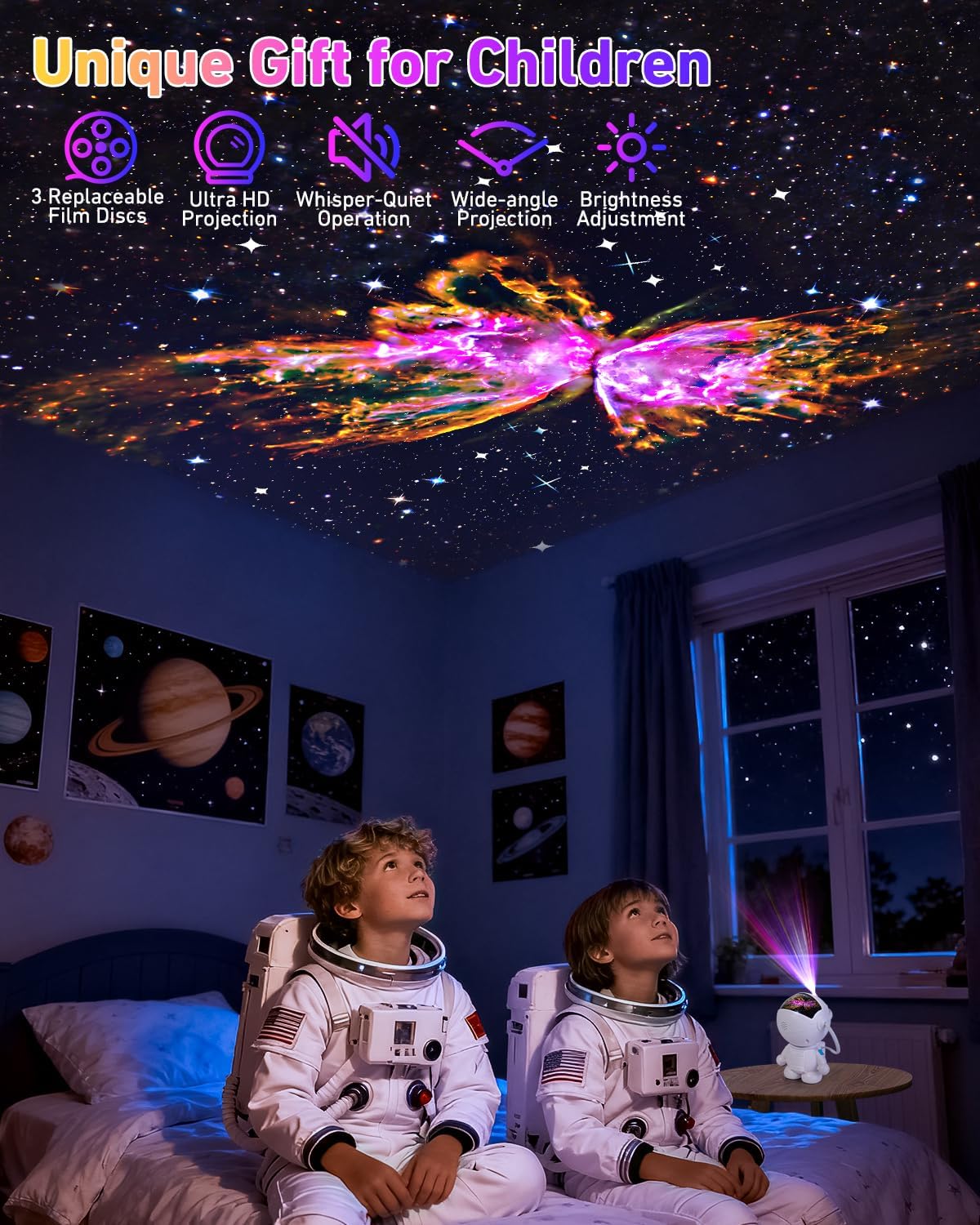AstroLume Astronaut Space Projector for Toddler Room – Battery-Free LED Star Light with Auto Shutoff for Safe Sleep