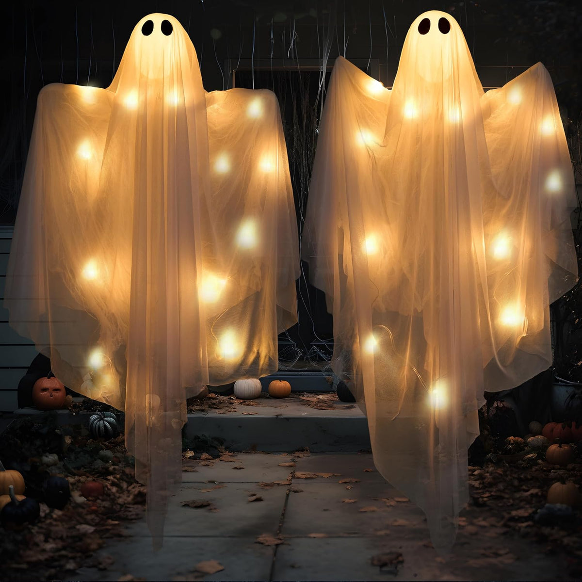 JOYIN Hanging Lighted Ghosts – Thoughtful Halloween Gift for Hosts and Home Decor Lovers, 47-Inch Animated 2 Pack with Timer