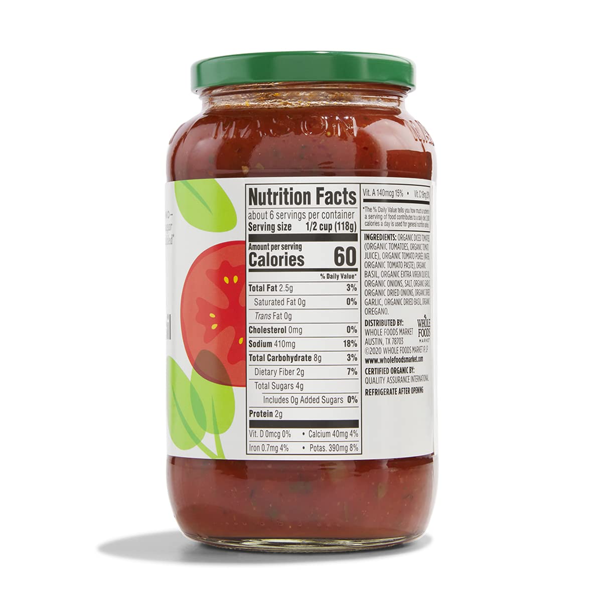 certified organic ingredients including organic tomatoes, basil, and extra virgin olive oil