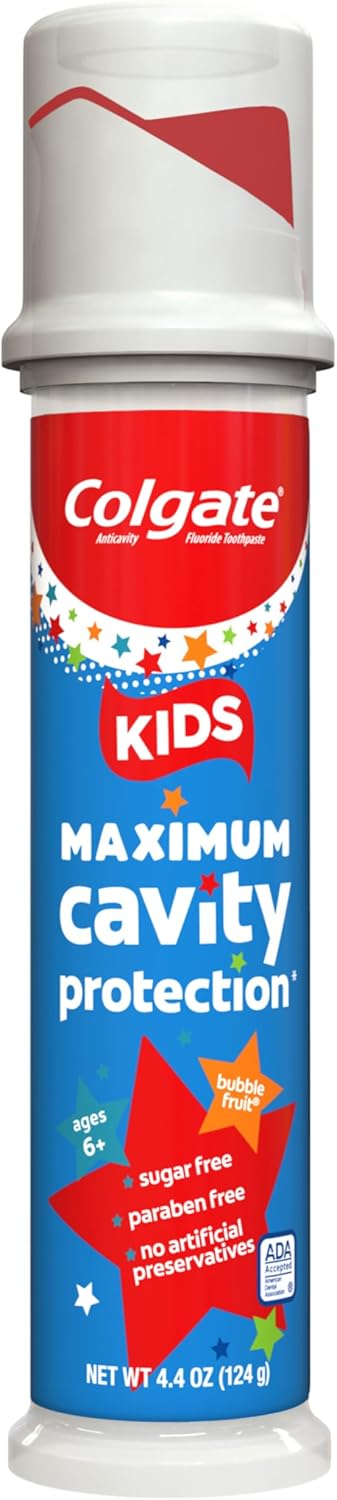 Colgate Kids Holiday Stocking Stuffer Toothpaste Pump, 4.4 Oz Bubble Fruit Fluoride 6 Pack for the Grandkids' Bathroom