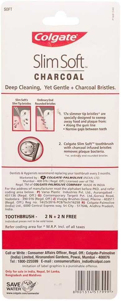 Colgate SlimSoft Charcoal Toothbrush 4-Pack – Streamlined Manual Toothbrush for an Intentional Capsule Bathroom Setup