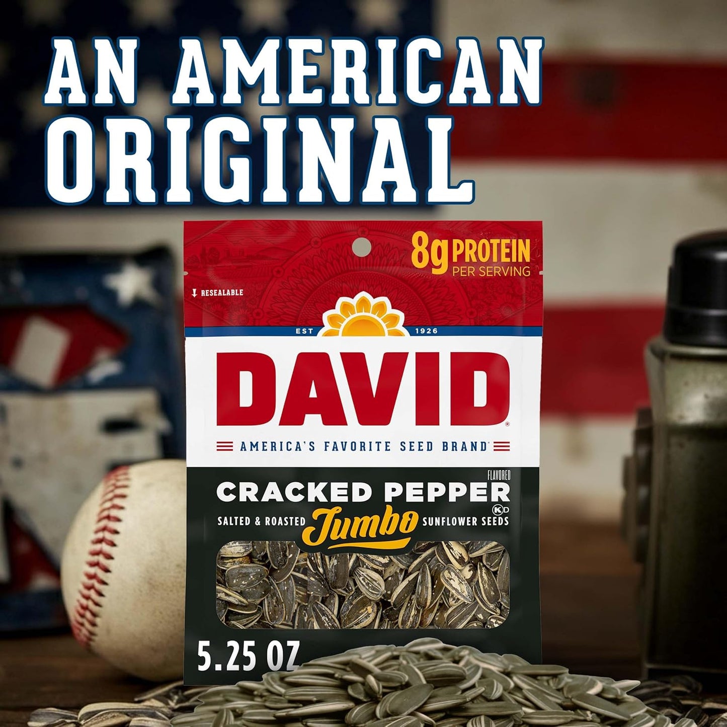 DAVID Cracked Pepper Jumbo Sunflower Seeds – Portable Snack for Camping Trips and Patio Lounging, 5.25 oz Resealable Bag
