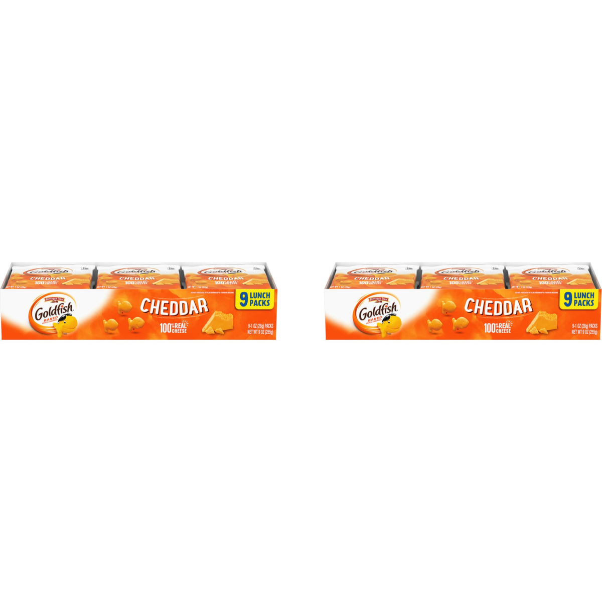 Goldfish Cheddar Cheese Crackers, Baked Snack Crackers, 1 oz On-the-Go Snack Packs, 9 Count Tray (Pack of 2)