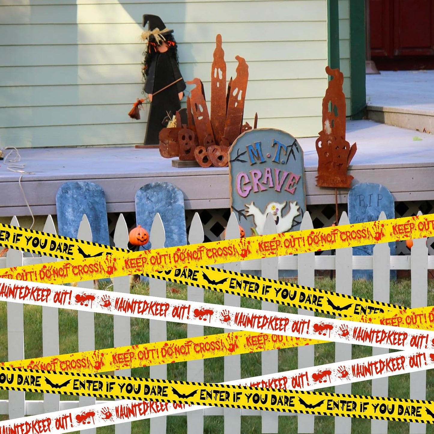 HauntHouse Caution Tape Trio – Fright Night Wall Hanging for Basement Lounge and Game Room Styling