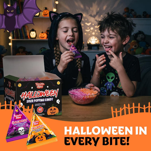 individually wrapped pieces in a festive halloween-themed container