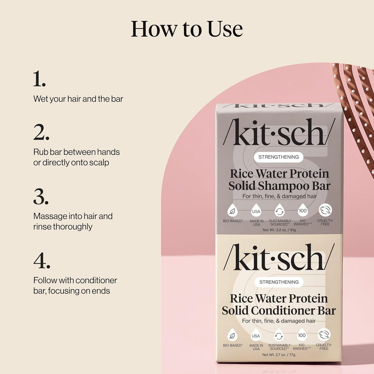 Kitsch Rice Water Protein Solid Shampoo and Conditioner Set – Camping Hair Care Set, Lightweight Backcountry Bars