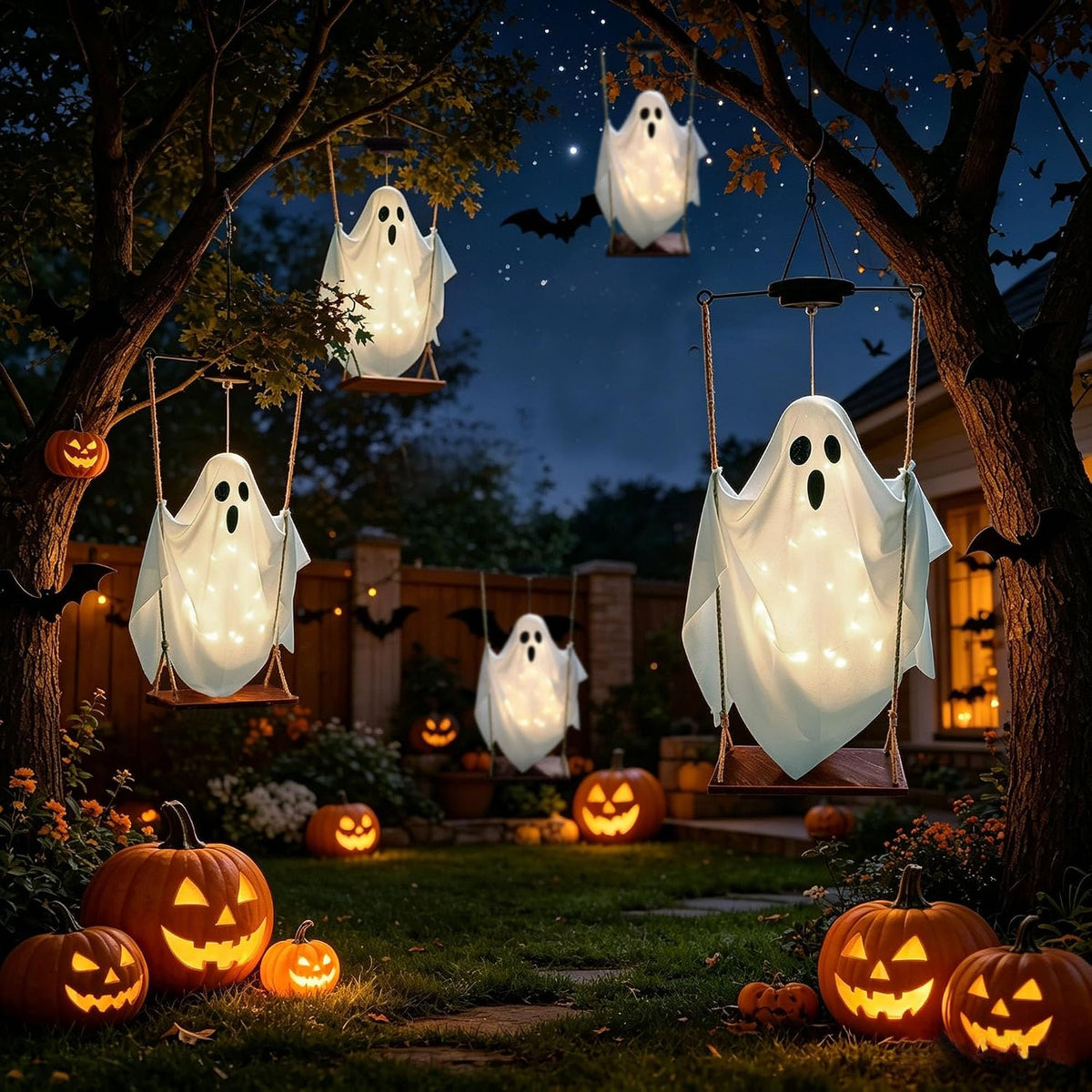 Auto On Off Halloween Ghost – Solar Dusk to Dawn Swing Ghost for Worry Free Family Decorating