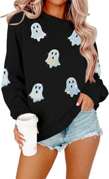 Halloween Sweatshirts Women Glitter Ghost Crewneck – Comfortable Layer for Outdoor Halloween Parties and Fall Festivals