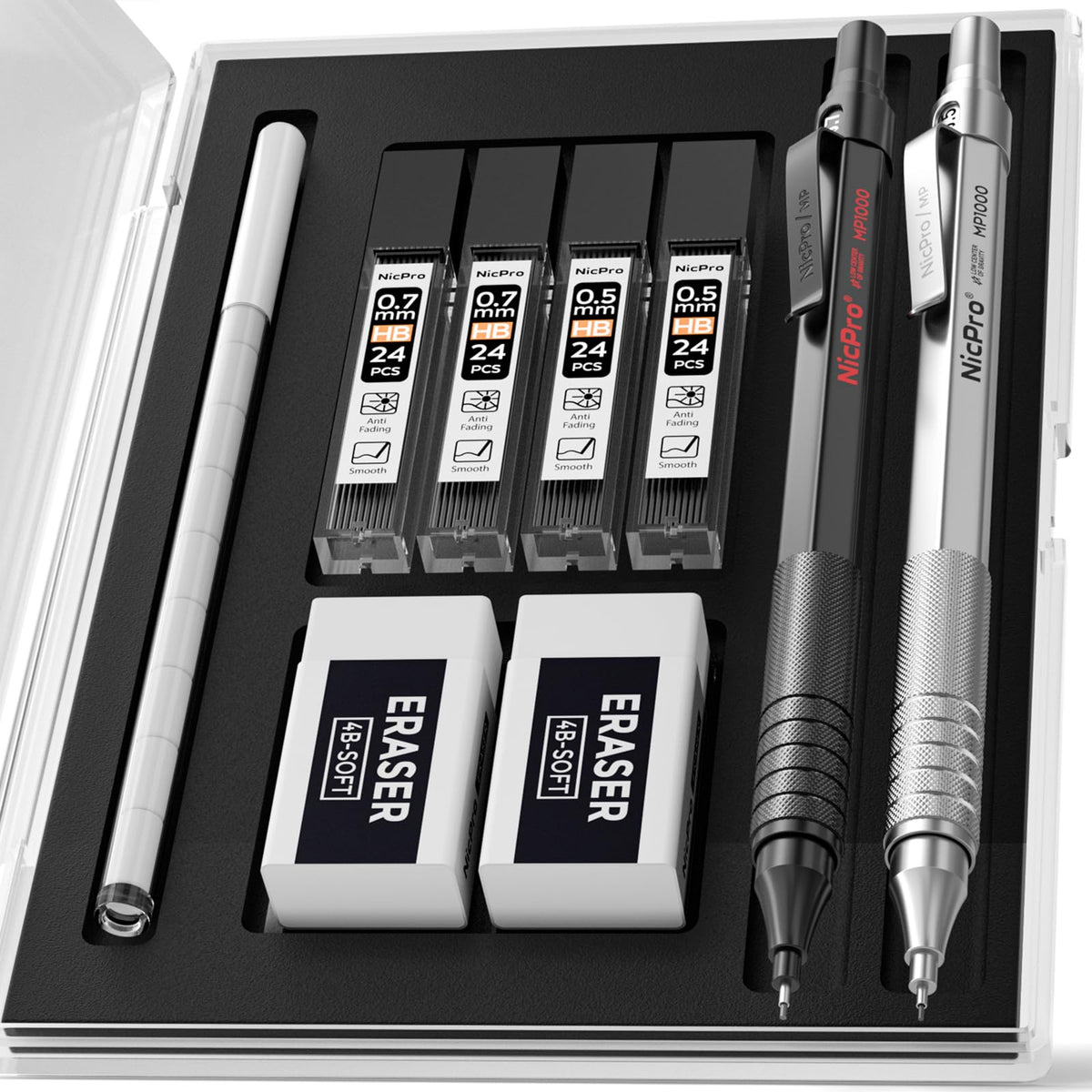 Nicpro 2 PCS Mechanical Pencils 0.5mm & 0.7 mm with Case, MP1000 Metal Artist Pencil Set with 4 Tubes HB Lead Refills, 2 Erasers, 9 Eraser Refills For Art Writing Drafting Drawing, Black & Silver