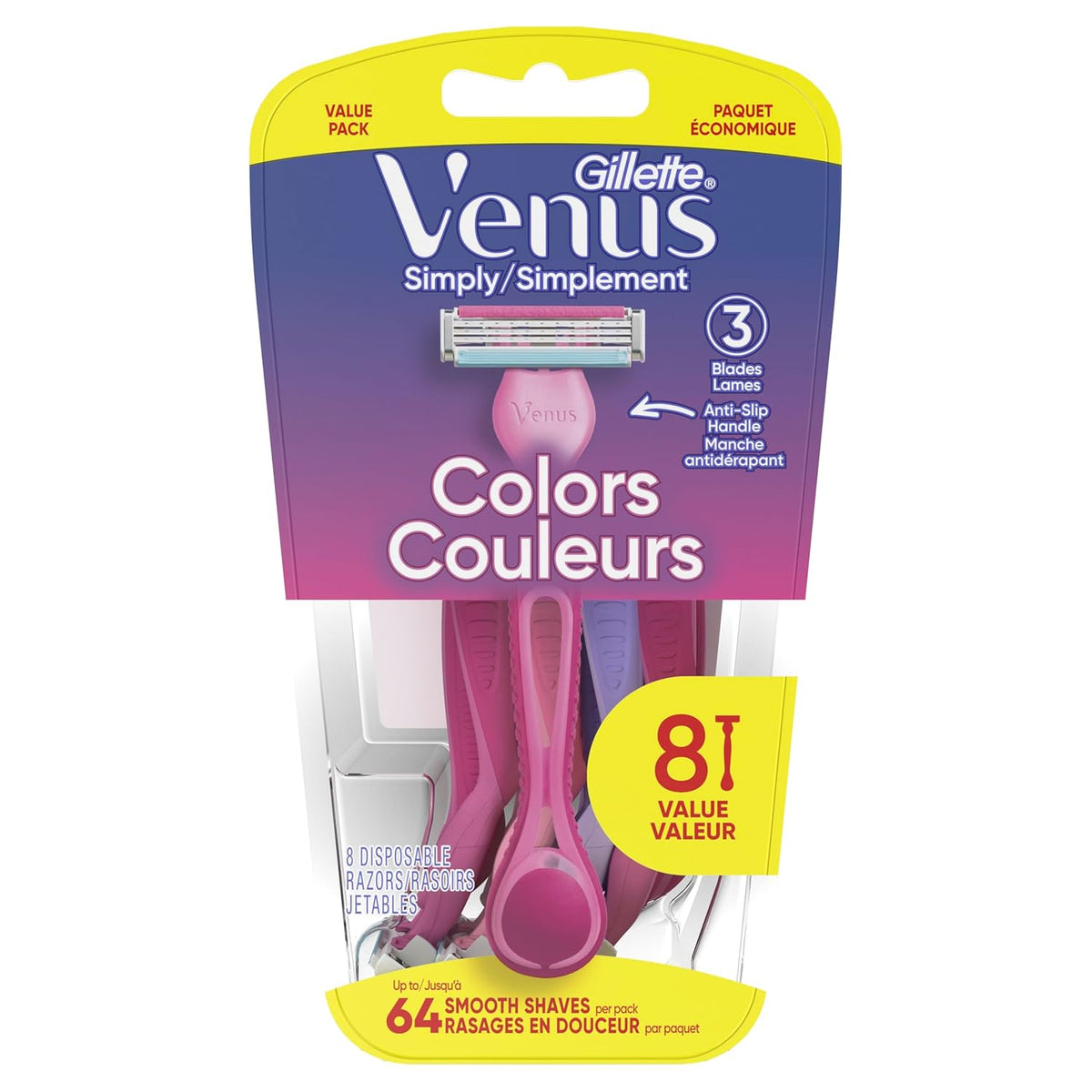 pack of 8 disposable razors in a clamshell package, suitable for all skin types