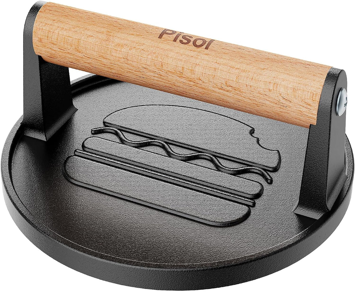 Pisol Smash Burger Press – Cool-Touch Wood Handle Cast Iron Smasher for Safer Grilling & Skillet Cooking