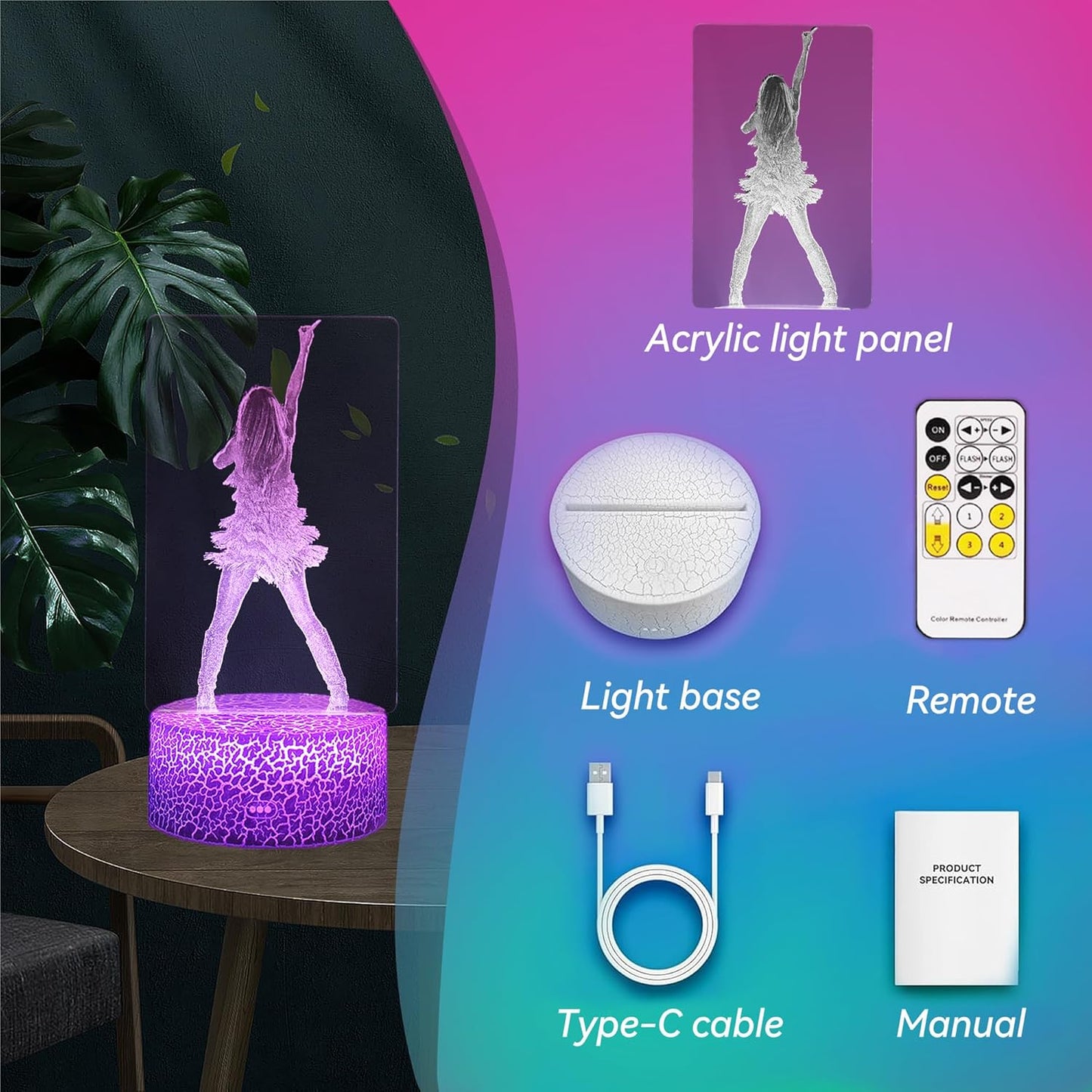 Pop Star Acrylic Night Light – Personalized Birthday Gift for Girls, 16 Color Remote Control Lamp