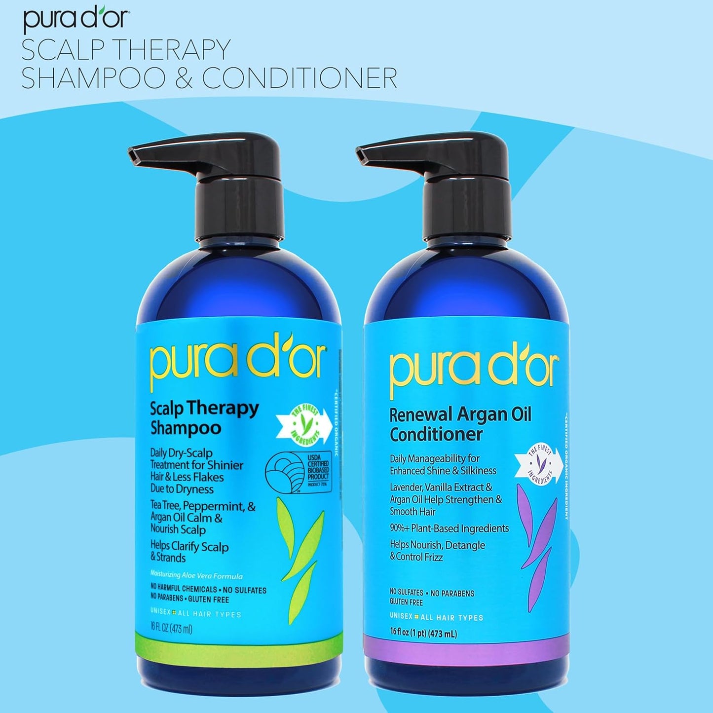 PURA D'OR Scalp Therapy 16oz Set — Dermatologically Gentle Formula for Itchy, Reactive Scalps