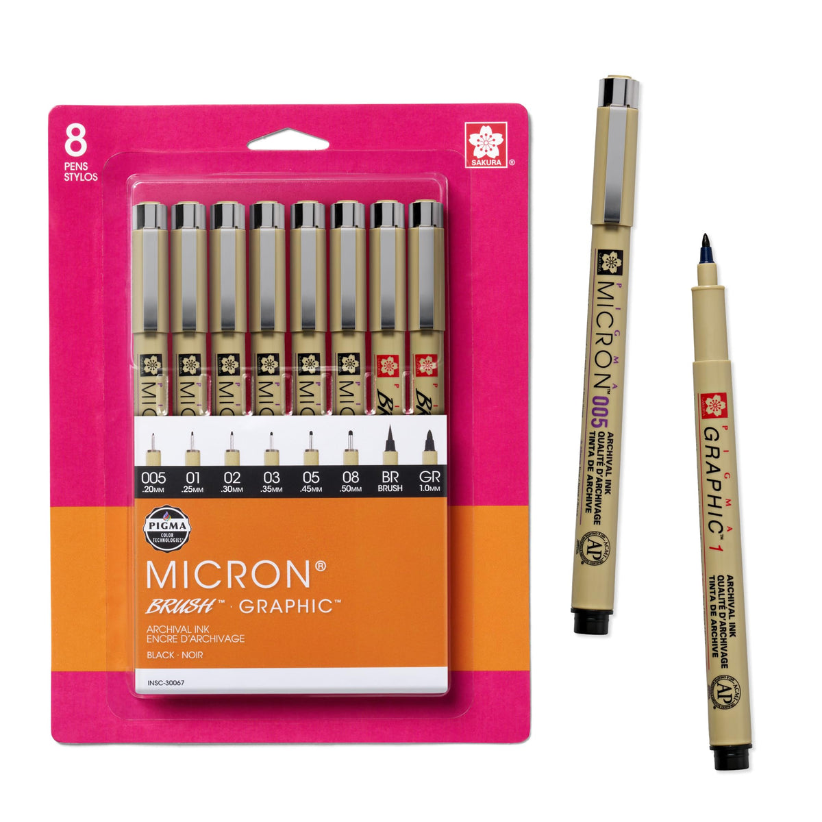 Sakura Pigma Micron, Graphic & Brush Fineline Pens, Archival Black Ink, 8 PK 30067