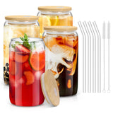 16 oz Beer Can Shaped Glass Tumbler with Bamboo Lid – Modern Coffee Bar Decor for Kitchen Counter, Crystal Clear Iced Coffee Cup Set of 4