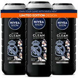 NIVEA MEN Real Madrid Active Clean Body Wash – Neutral, Uncluttered Shower Setup with a Single 3-in-1 Bottle