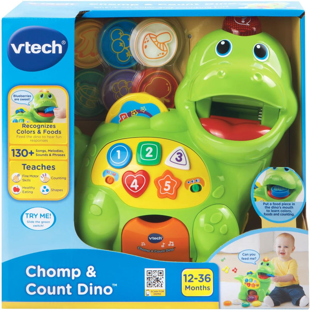VTech Chomp and Count Dino, Green – Safe Nursery Learning Toy for Toddlers 1 to 3, Shape and Color Recognition