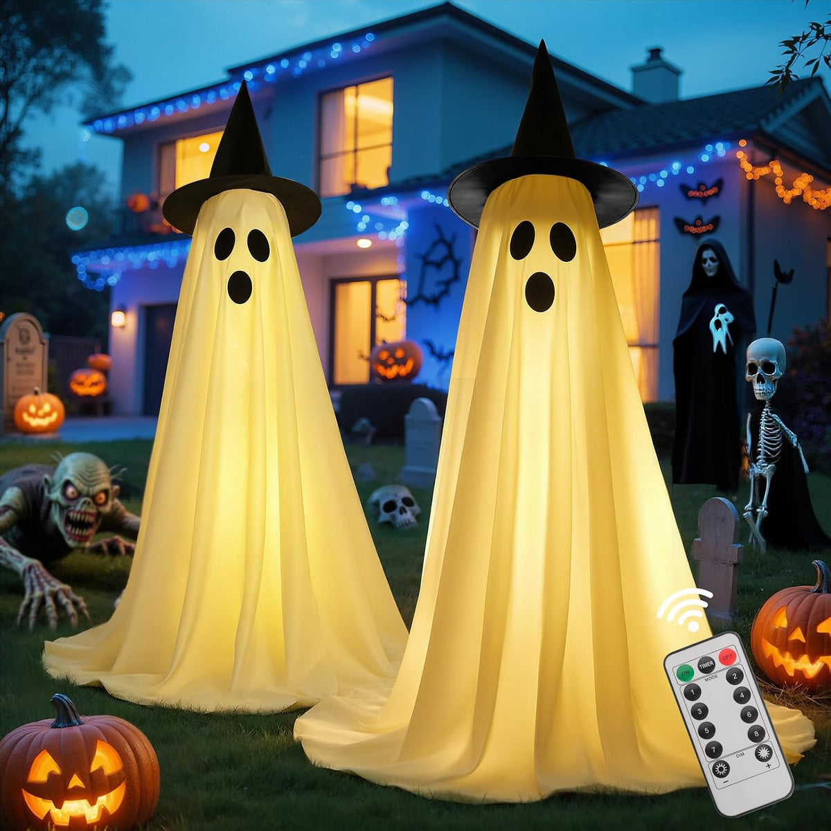 GlowGhost Living Room Halloween Accent – 88in Telescoping Floor Ghost with Warm White LED for Cozy Seasonal Ambiance
