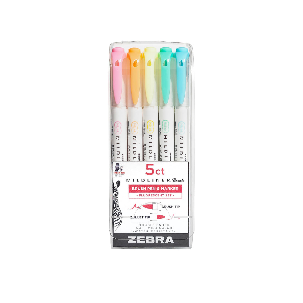 Zebra Pen, Mildliner Dual-Ended Brush Pens, 5 Assorted Colors, Brush and Fine Tips, Soft Mild Ink with No Bleed-Through, Water-Resistant Ink for Journaling, Calligraphy, Planners, 5-Pack (79105)