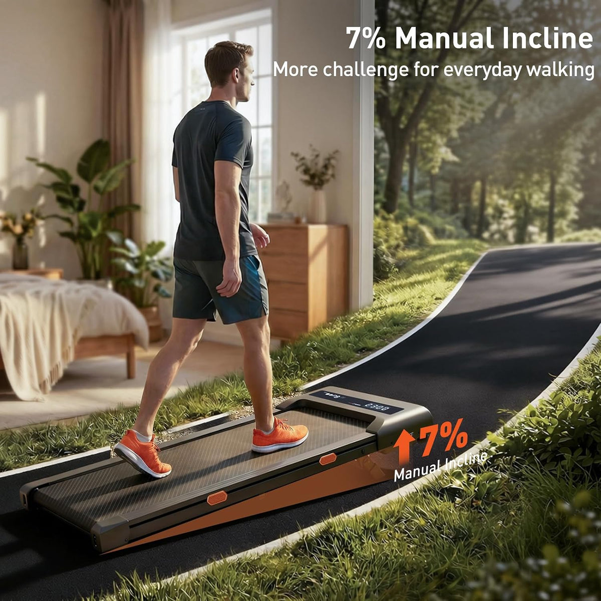0.6–4 mph speed range tuned for walking and brisk walking