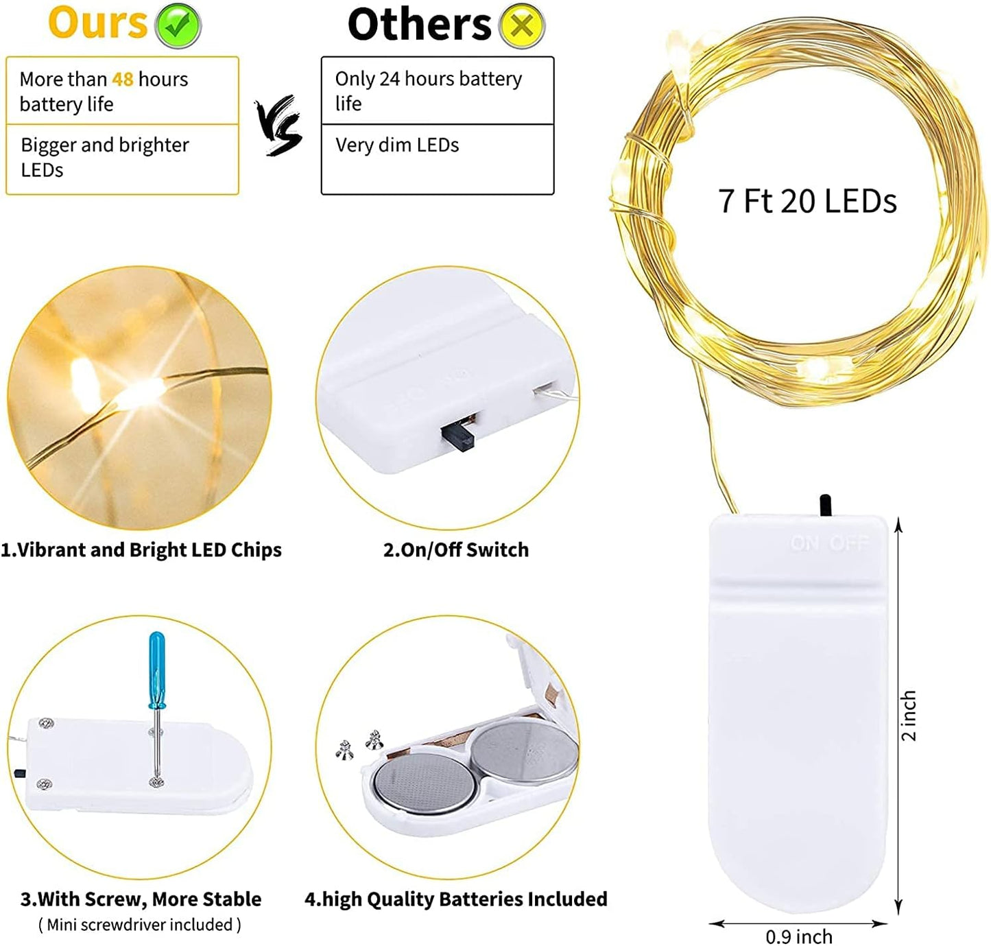 0.66ft lead cable between battery box and first led for discreet battery placement
