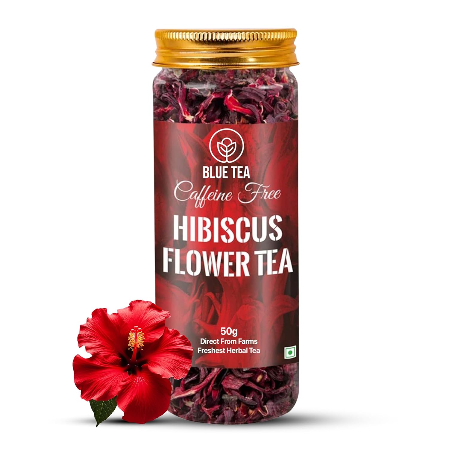 1.76 oz loose-leaf hibiscus yielding 50+ cups per jar in reusable pet jar