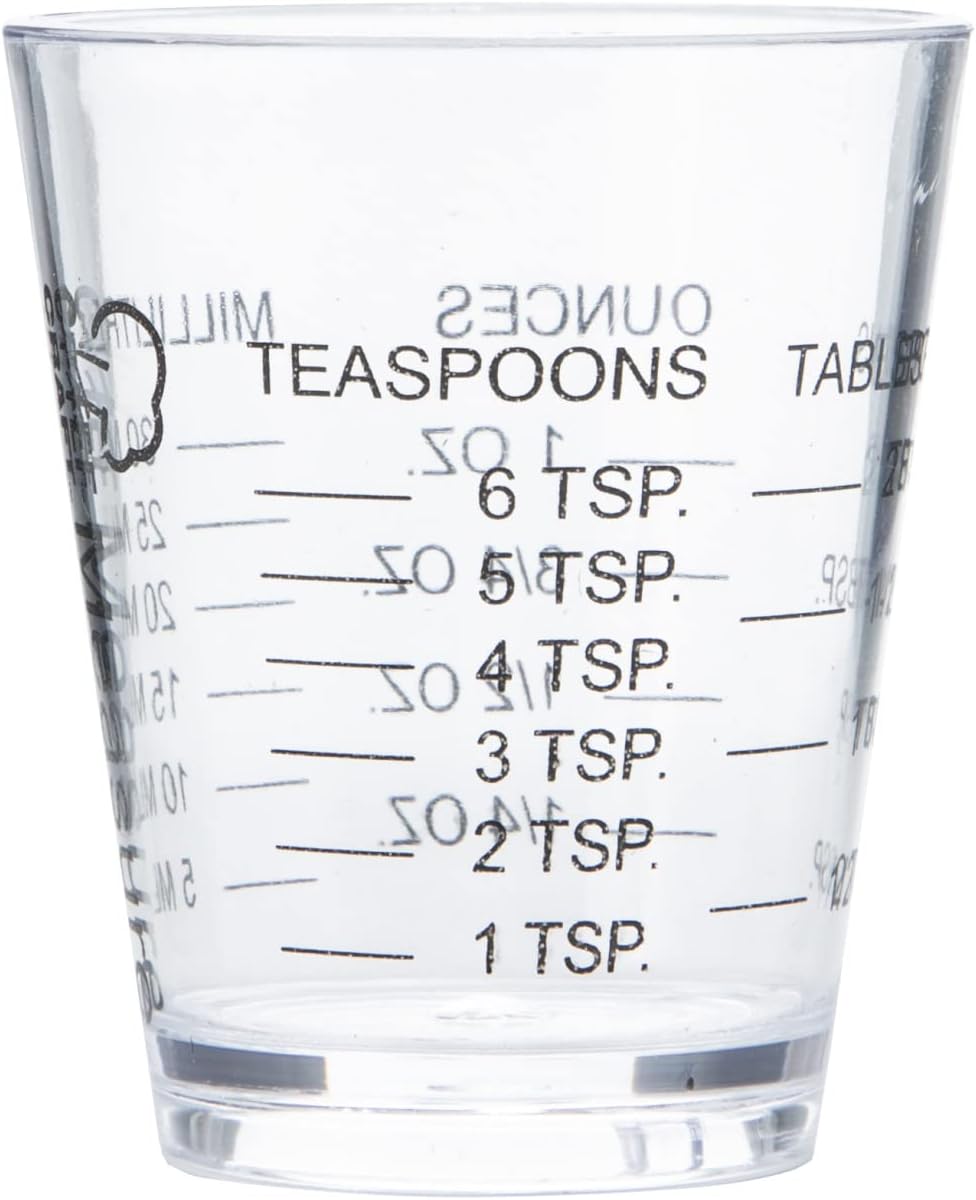 1 ounce (240 ml) capacity with integrated teaspoon/tablespoon/ml graduations