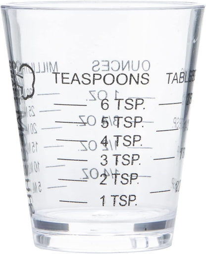 1 ounce (240 ml) capacity with integrated teaspoon/tablespoon/ml graduations