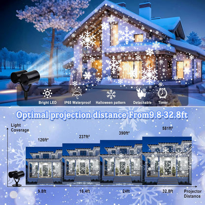 10–20 ft optimal projection distance with motion-based snow effect