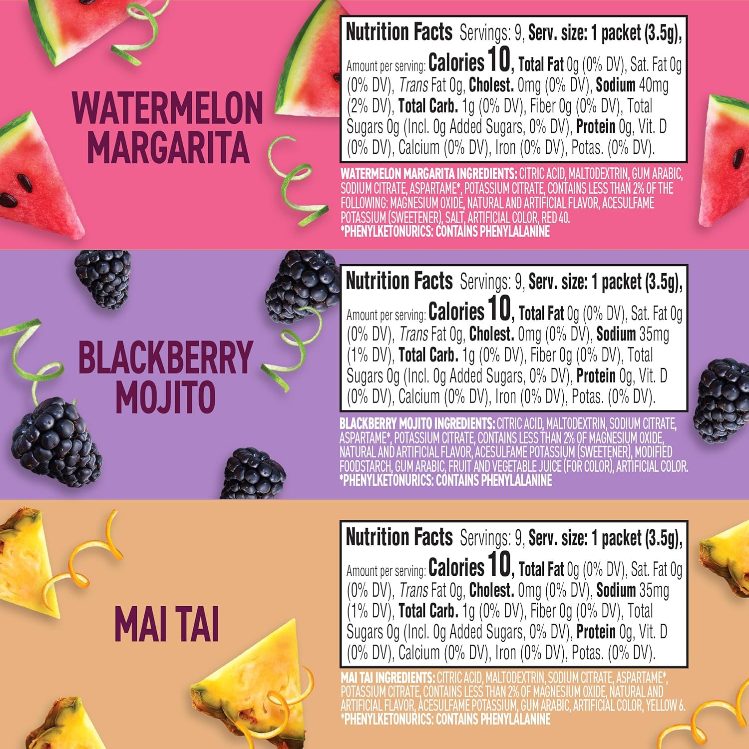 10 calories, zero sugar, caffeine free, and low sodium per prepared drink