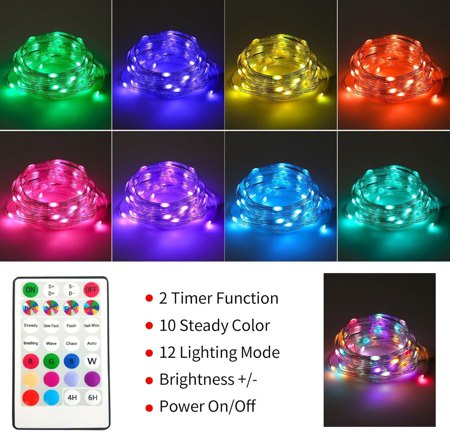 10 color options and 12 lighting modes (steady, twinkle, fade, etc.)