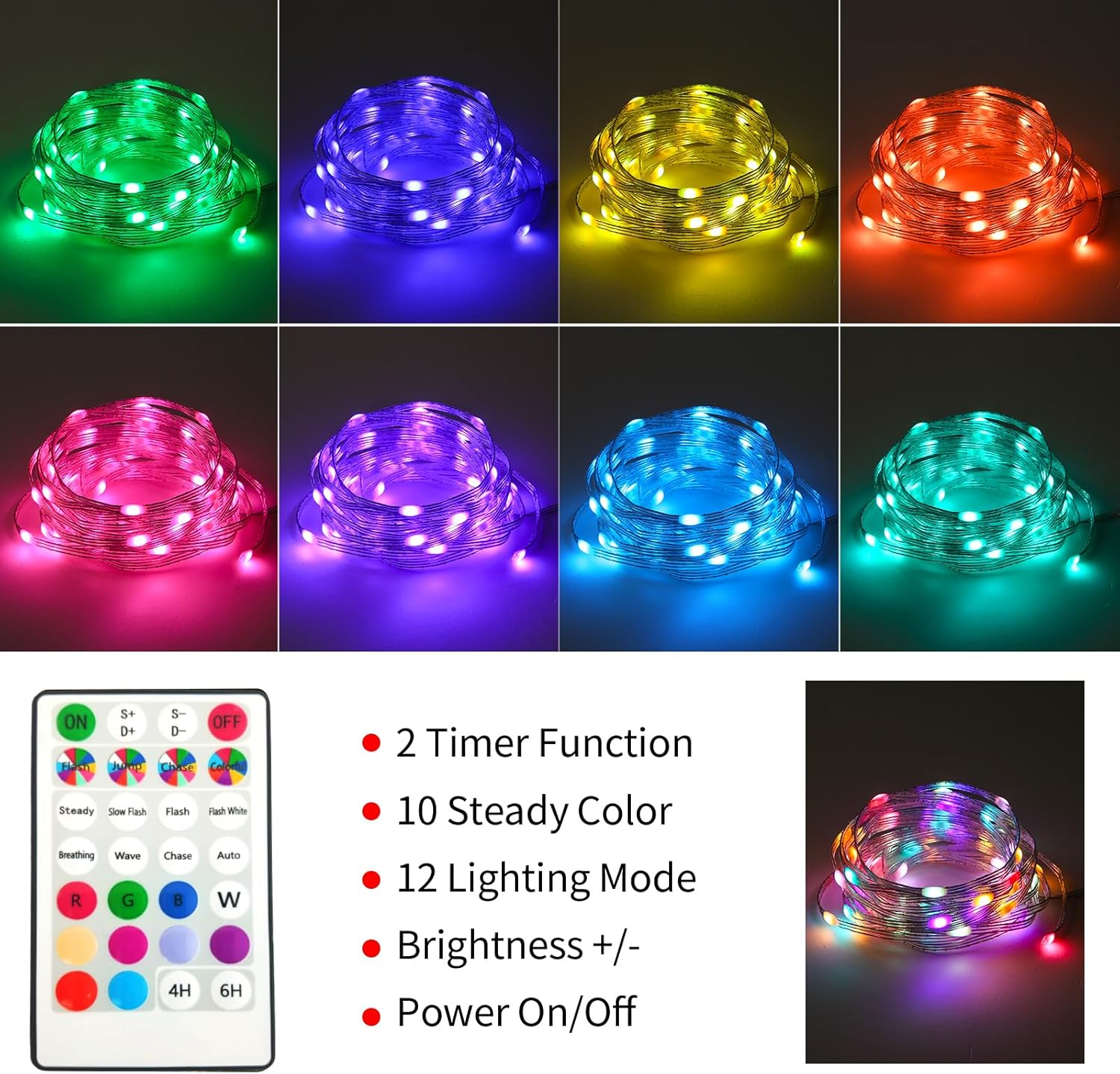 10 color options and 12 lighting modes (steady, twinkle, fade, etc.)