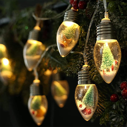 10 led snow globe bulbs filled with faux pine, snow, and miniature ornaments