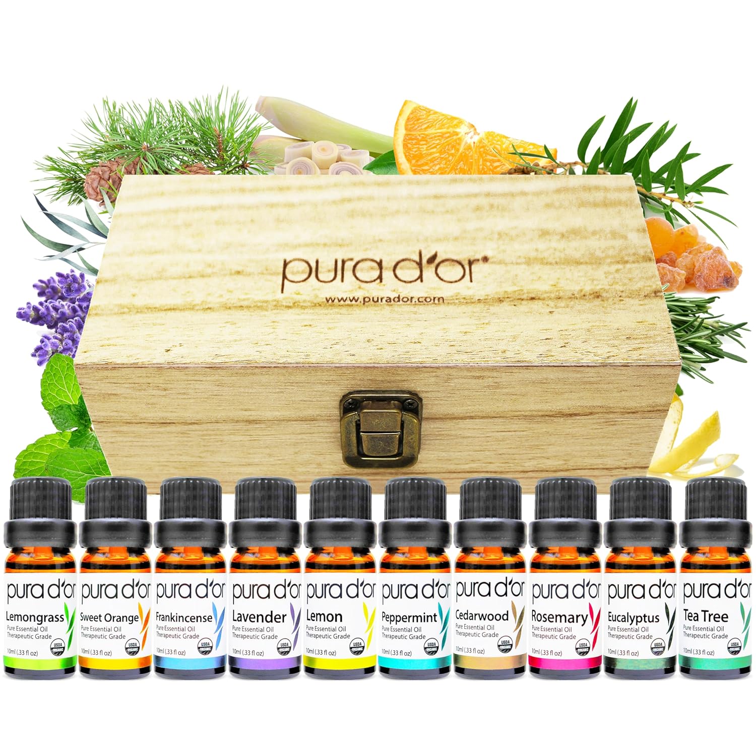 10 x 10ml bottles: lavender, peppermint, eucalyptus, tea tree, lemon, frankincense, cedarwood, rosemary, sweet orange, lemongrass