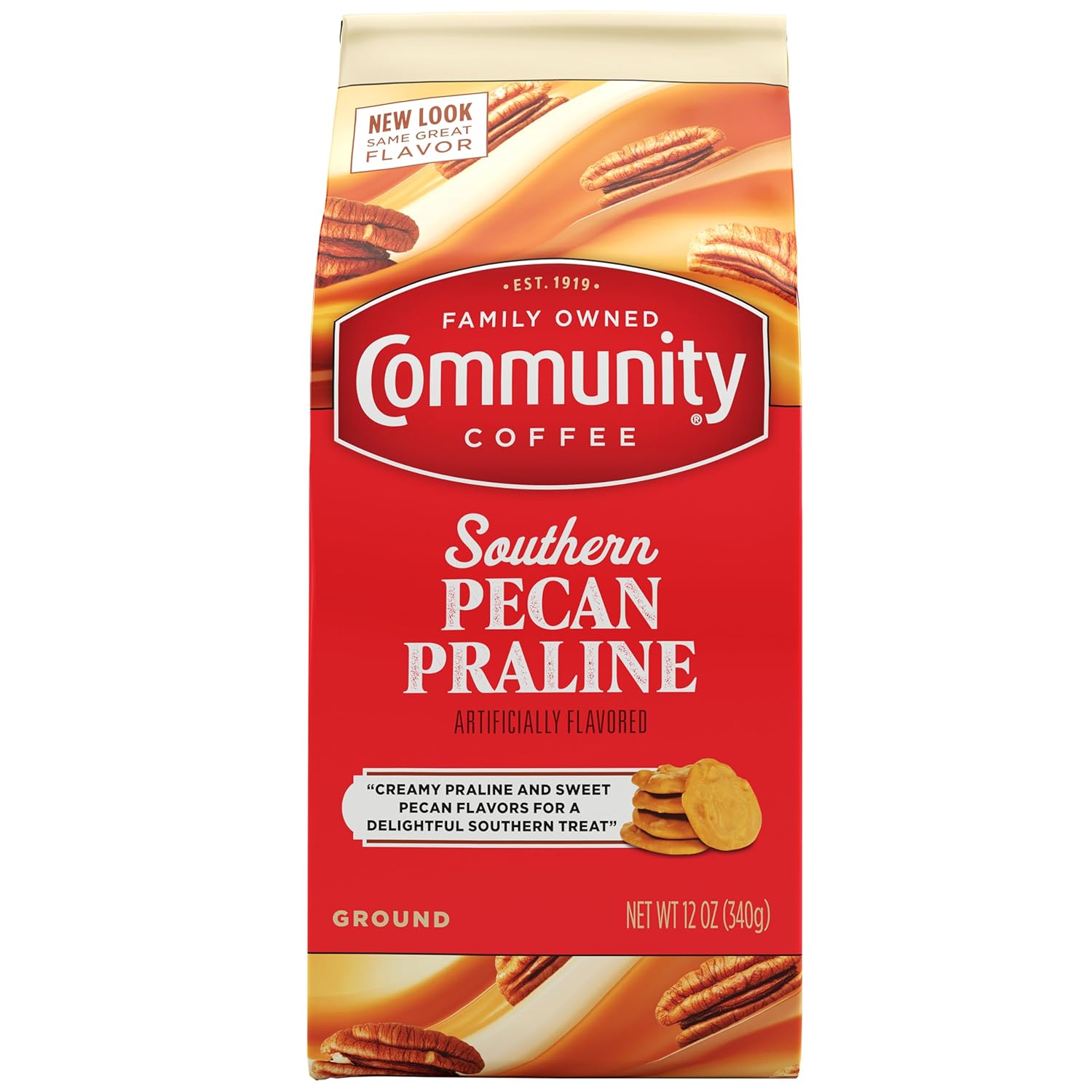 100% arabica medium roast beans, pre-ground for convenience