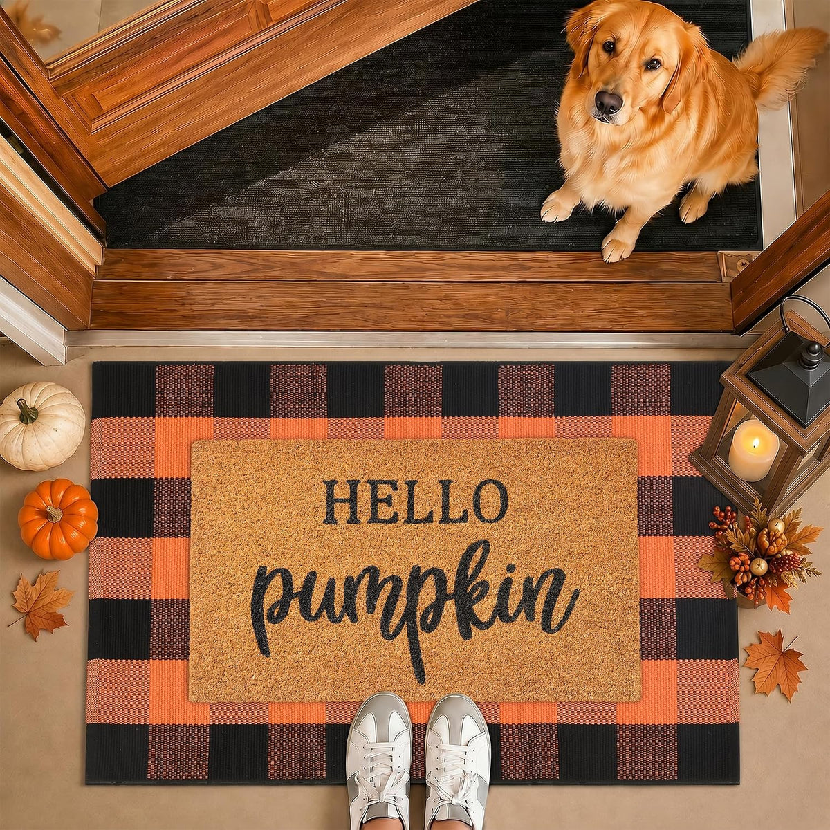 HOMETEX Uncluttered Fall Welcome Set – Reversible Coir Mat and Cotton Plaid Rug in Muted Tones for Modern Farmhouse and Scandinavian Spaces