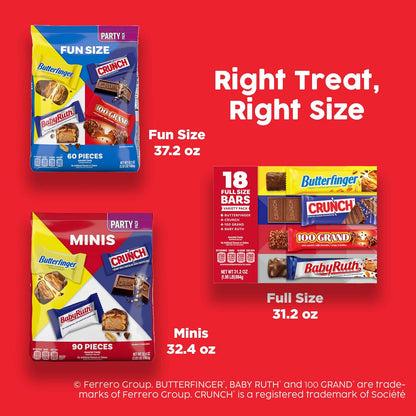 Butterfinger, CRUNCH, Baby Ruth & 100 Grand Halloween Candy Bulk, 100 Count – Classroom Treat Bag Stuffer for Elementary Parties and School Cafeteria Snacks