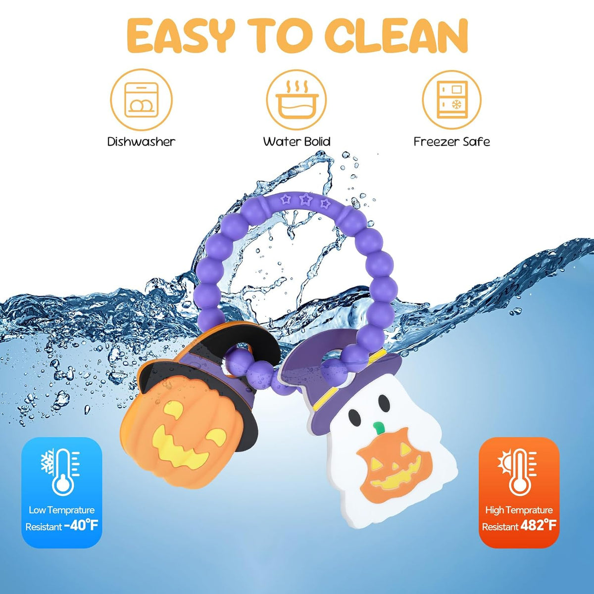 Halloween-Themed Silicone Teether for Teething Babies – Closed-Fist Grip, Sensory Texture, Nursery & Playroom Safe