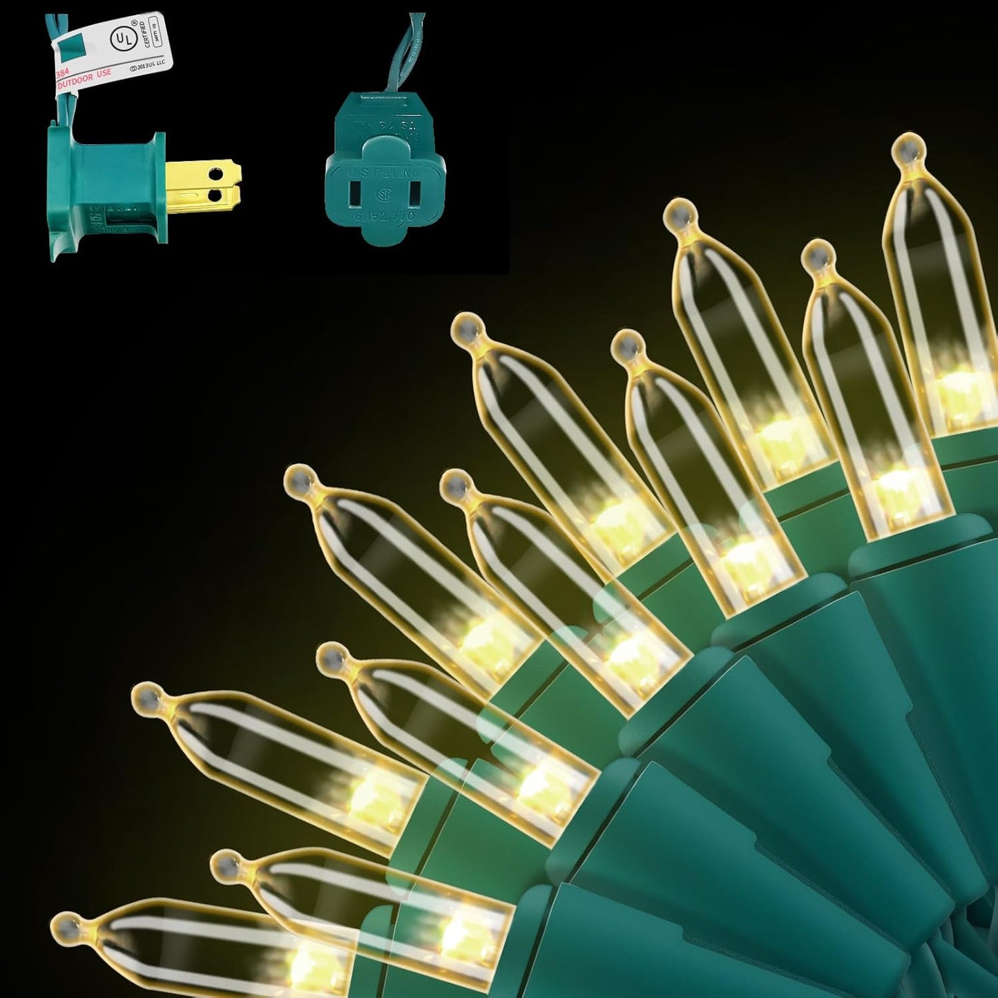 100 led bulbs on 35 ft green wire with 4-inch spacing