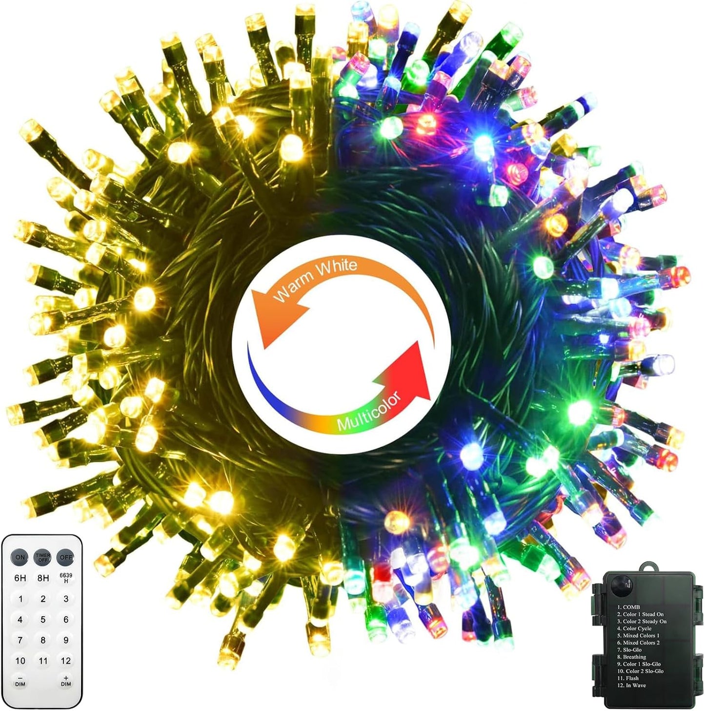 100 led count across 33 ft strand with 4-inch bulb spacing on green or clear wire