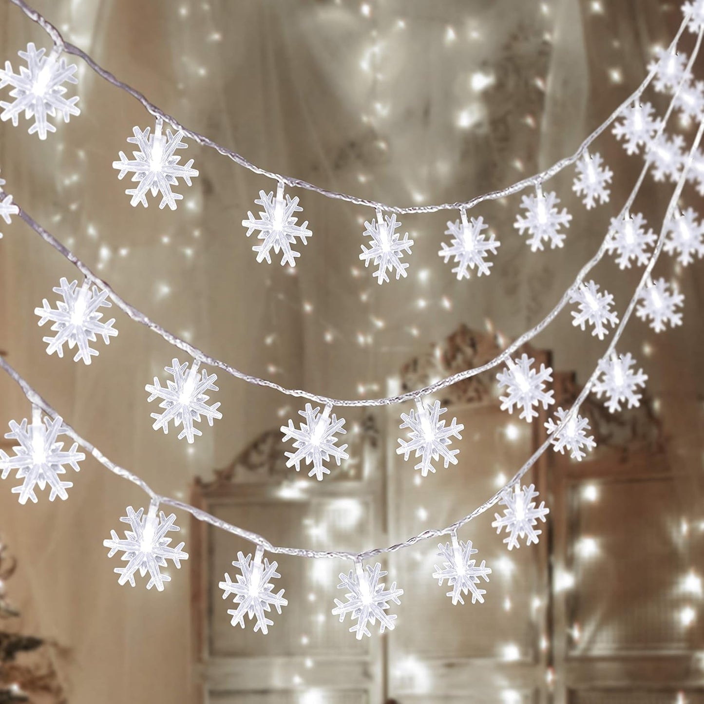 100 led snowflake lights total across 2 strings (42.6ft combined length)