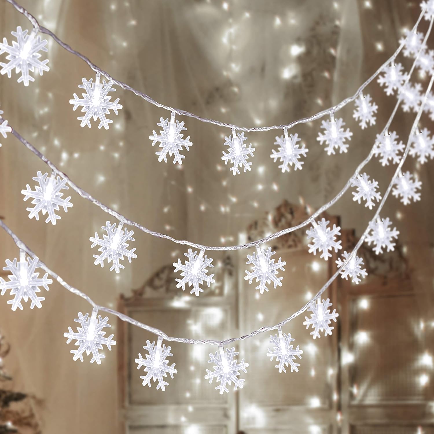 100 led snowflake lights total across 2 strings (42.6ft combined length)