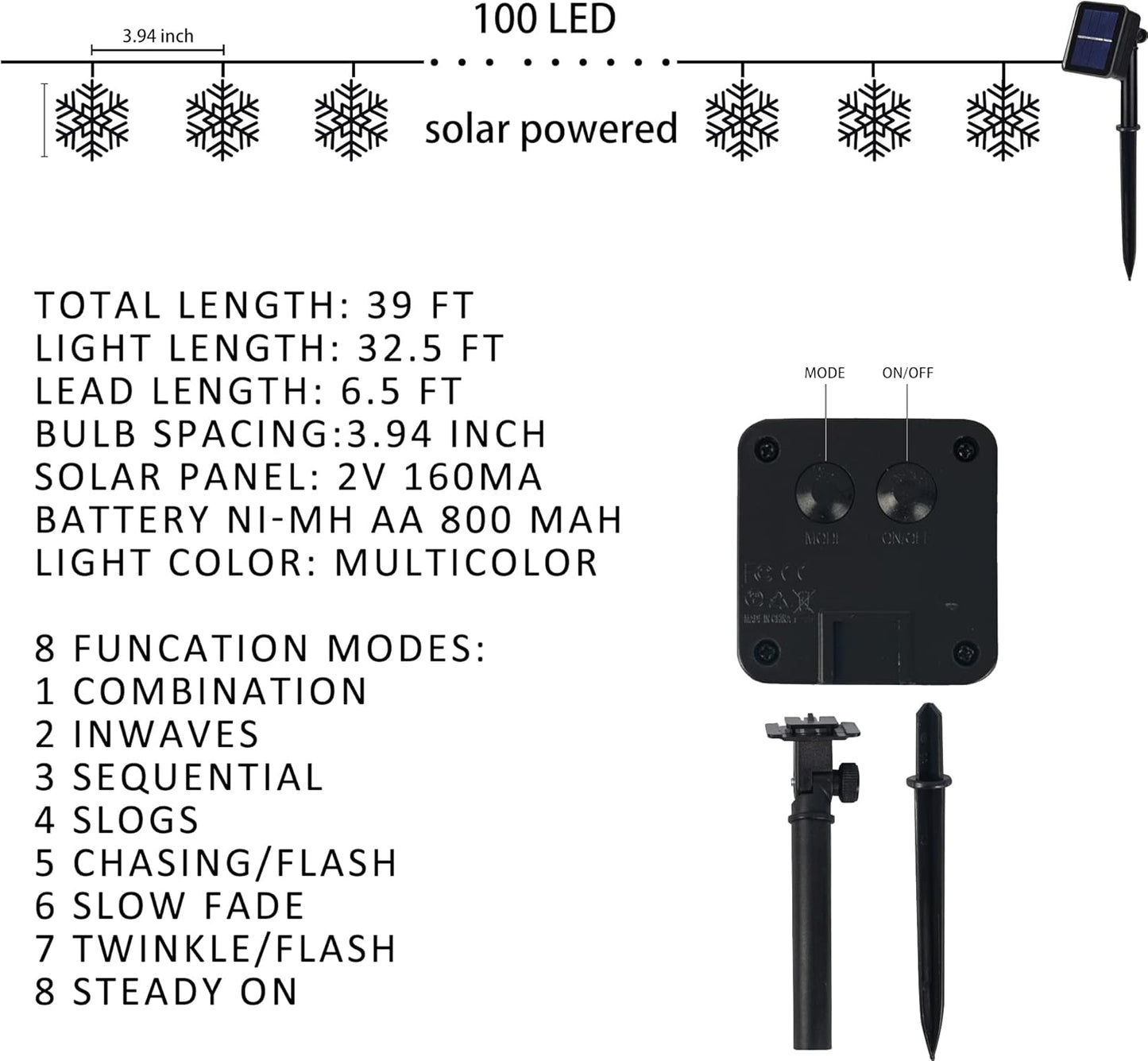 100 led snowflake-shaped bulbs across 39 ft of string with 6.5 ft lead wire