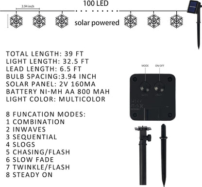 100 led snowflake-shaped bulbs across 39 ft of string with 6.5 ft lead wire