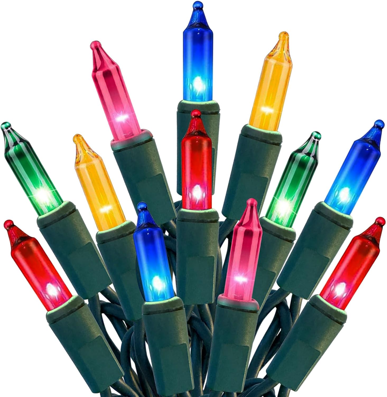 100 mini incandescent multicolor bulbs on 21 ft of green wire